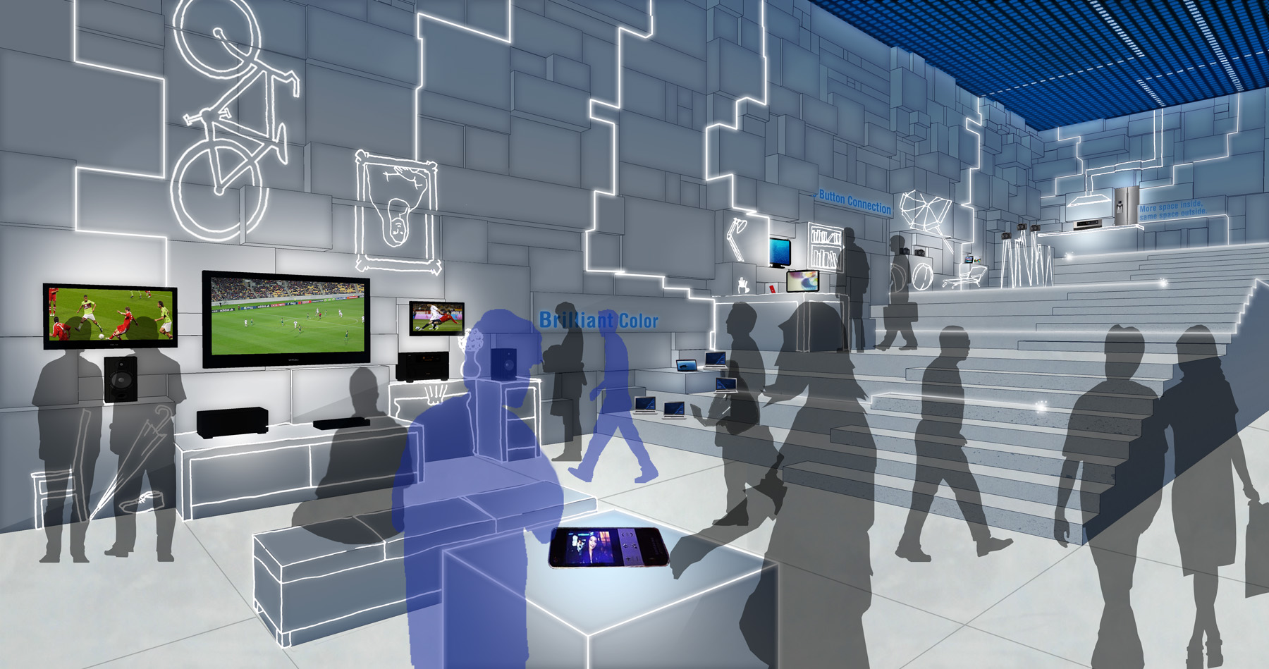 Sculpted walls and platforms provide the backdrop for projections and interactiv