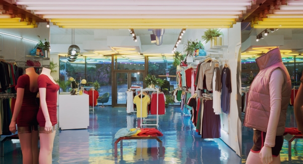 Storefront from neon-lit thru tunnel