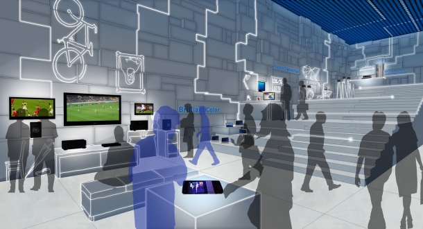 Sculpted walls and platforms provide the backdrop for projections and interactiv