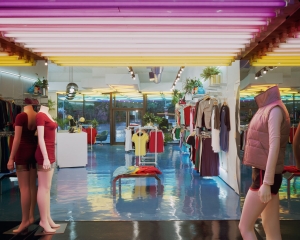 Storefront from neon-lit thru tunnel