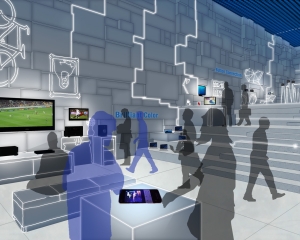 Sculpted walls and platforms provide the backdrop for projections and interactiv